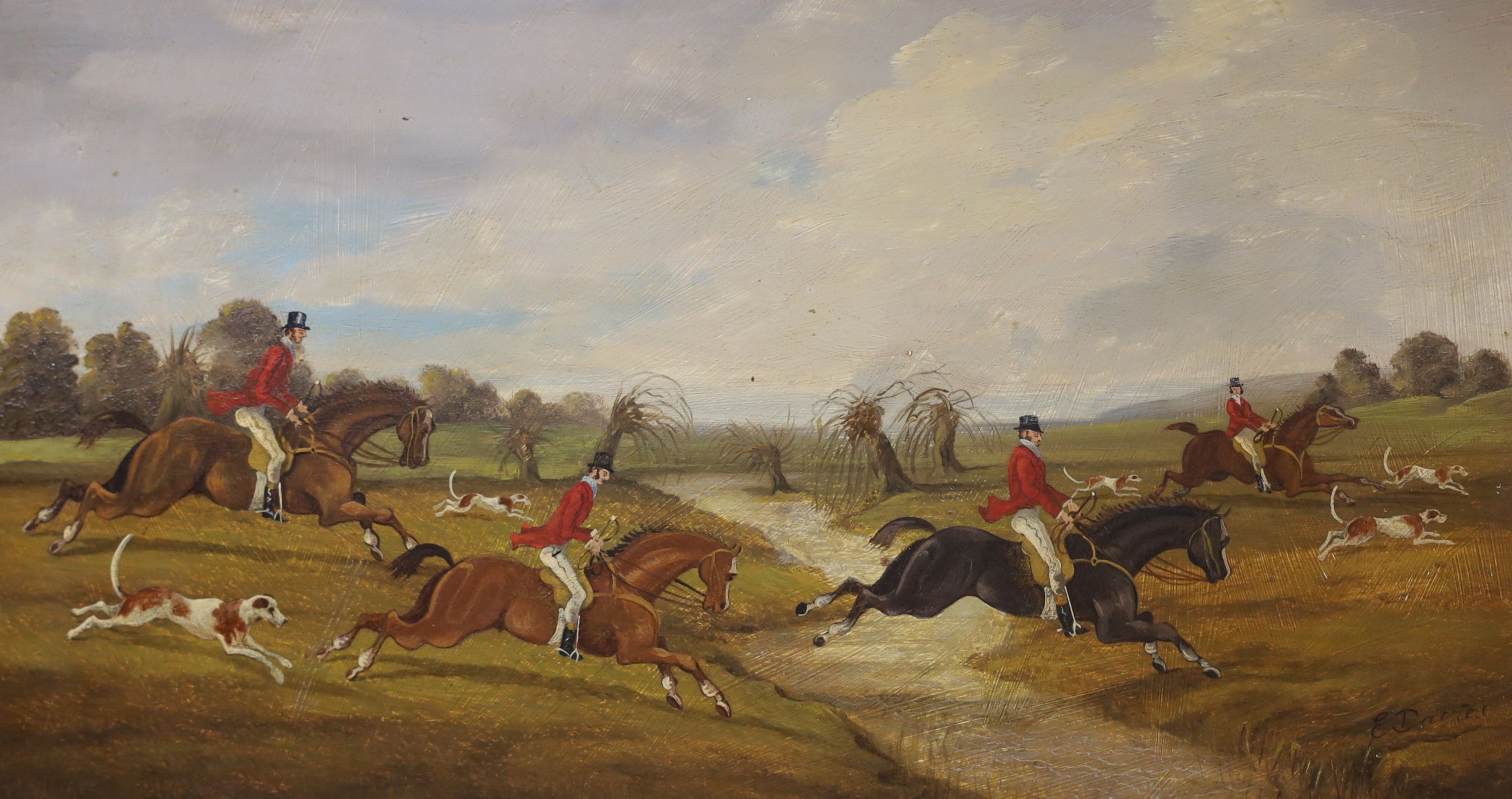 E. Davies, pair of oils on panel, Hunting scenes, signed, 22 x 40cm